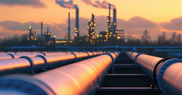 Eine große Öl- und Gaspipeline inmitten einer Raffination