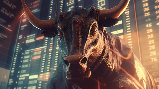 Bull next to a stock market graph. Generative AI.