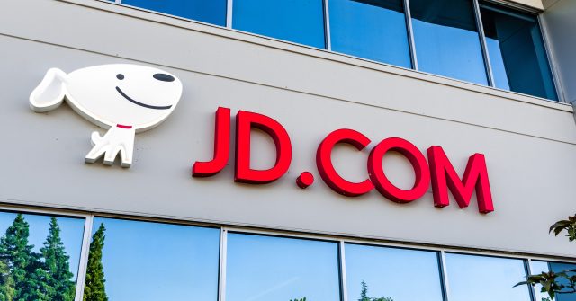 Ein JD.com-Schild am Eingang der Niederlassung im Silicon Valley, USA