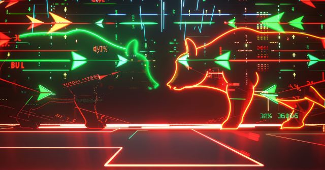 A high-tech stock market screen displaying green and red arrows representing bullish and bearish trends, with a neon-lit bull and bear silhouette in the foreground.