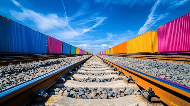 Bunte Transportcontainer neben Bahnschienen