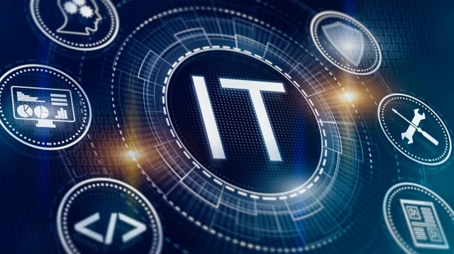 IT. Information technology concept. Motherboard integrated circuit and tech icons illustrtion. Futuristic bakground.