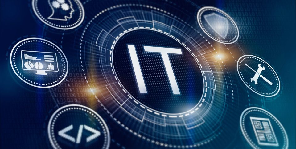 IT. Information technology concept. Motherboard integrated circuit and tech icons illustrtion. Futuristic bakground.
