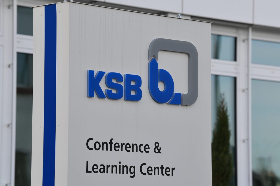 Germany, Frankenthal, January 31. 2025, sign or lettering of KSB SE & Co. KGaA is a listed manufacturer of pumps and valves for the mining, chemical & petrochemical, building services, water markets