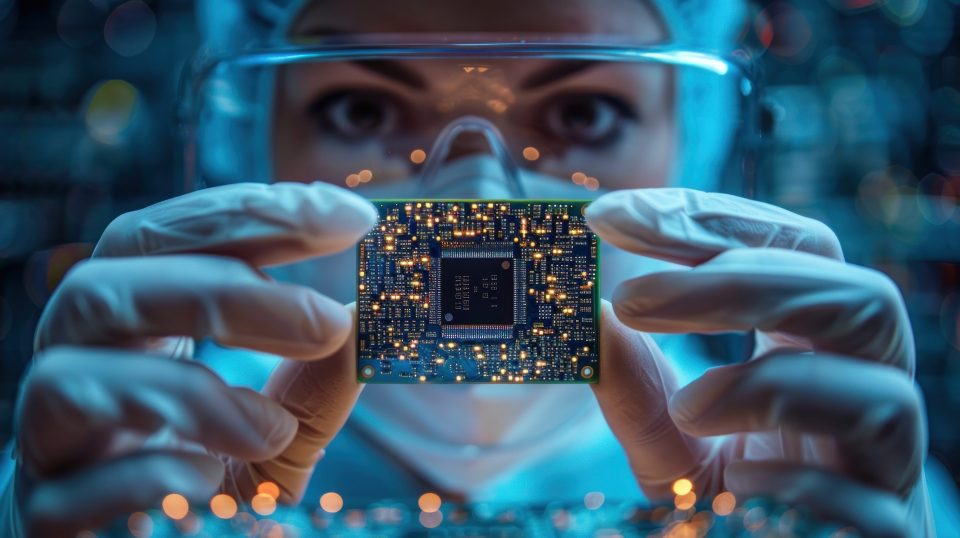 Eine Frau untersucht einen Chip.
