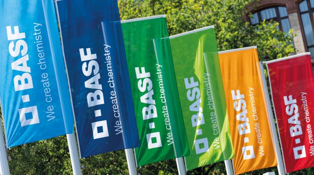 BASF-Fahnen am Standort Ludwigshafen