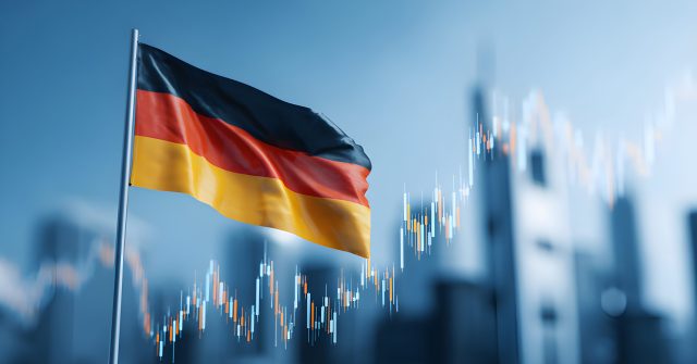 German flag with city skyline and stock market graph, symbolizing economic growth