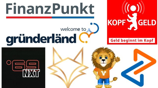 Marken „Finanzpunkt“ (Frankfurter Volksbank, Taunus Sparkasse), „Gründerländ“ (Volksbank Stuttgart), „Kopfgeld“ (Berliner Sparkasse), „69 NXT“ (Frankfurter Sparkasse) sowie Logos Wolfskopf (VR Bank Tübingen), Löwe (Volksbank Düsseldorf Neuss) und Sanduhr (Volksbank Mittelhessen)